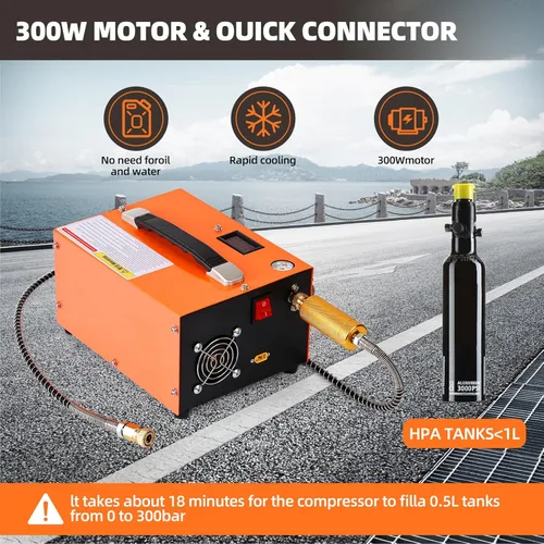 Miniatura 7 de Compresor de aire PCP, 4500 PSI/30 MPa, Fuente de alimentación dual 12V CC/110V CA, Bomba de inflado rápido sin aceite, Compresor de aire portátil