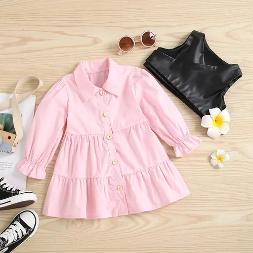 Miniatura 3 de TINXIEA Vestido tipo túnica de manga larga con botones para niñas pequeñas con chaleco de encaje, 2 piezas, ropa para bebé