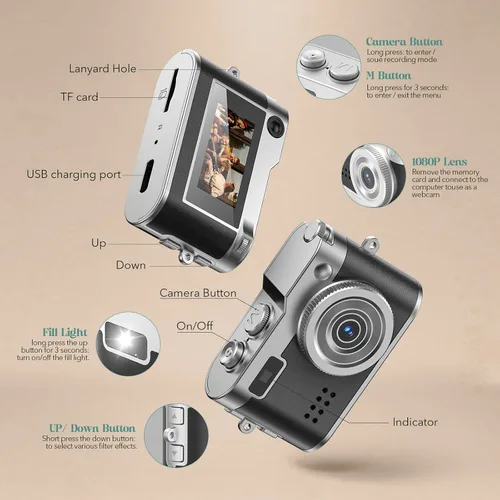 Miniatura 9 de HOTU Mini cámara digital, llavero 1080P HD con lente de 2MP, flash, grabación de video, tarjeta 32G incluida, cámara retro portátil y compacta