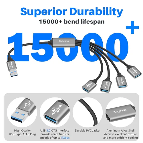 Miniatura 2 de Divisor USB 3.0 de 1 en 4 salidas Cable adaptador Y de 1 pie, cable de extensión USB-A 3.0 macho de 5 Gbps a cuatro 4 hembras, 4 USB tipo A USB A