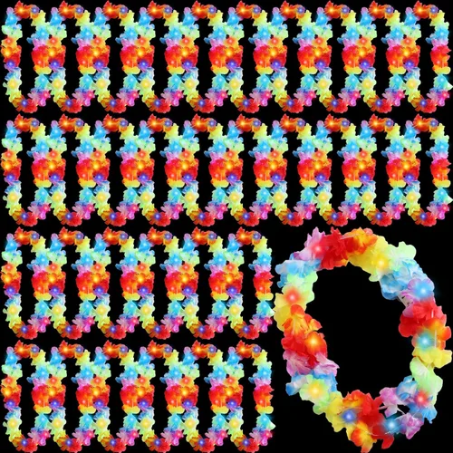 Miniatura 19 de Sherr 24 piezas Collares de leis LED iluminados, collares de flores hawaianas con luces LED para bodas, playa, tropical, carnaval, suministros