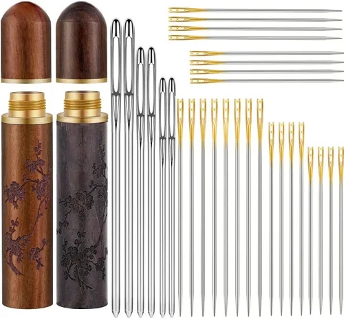 Fbshicung 24 agujas autoroscadas de doble agujero, 6 agujas de costura grandes para ojos, agujas de coser con 2 fundas de aguja de madera, estuche