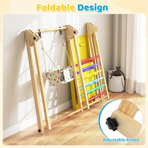 Miniatura 6 de OLAKIDS Gimnasio de la selva para interiores, 3 en 1 de madera plegable Montessori Juguetes de escalada para niños pequeños con escalera ajustable