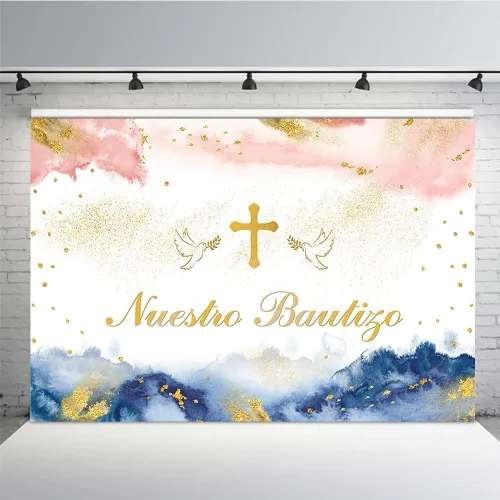 Miniatura 12 de MEHOFOND Fondo de fotografía de Nuestro Bautizo de 7 x 5 pies para niños y niñas, decoración de fiesta de bautizo mexicano para niños y niñas