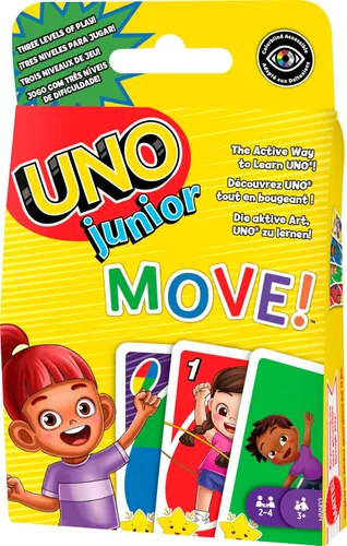 Mattel Games UNO Junior Move - Juego de cartas para niños con reglas de acción para noche familiar, noche de juegos, viajes, campamento y fiesta,