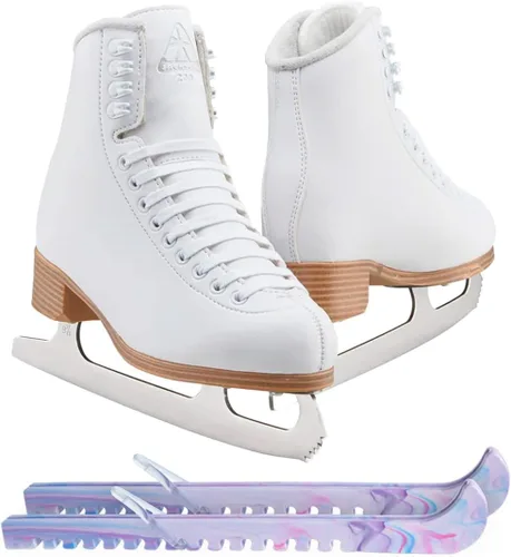 Jackson Classic Model 200/201/204 - Patines de hielo blancos para mujeres y niñas, paquete con protectores de patinaje recién lanzados 2023