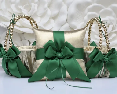 Miniatura 3 de Una cesta de niña de las flores solamente, cesta de boda con mango de perlas, cesta dorada y verde
