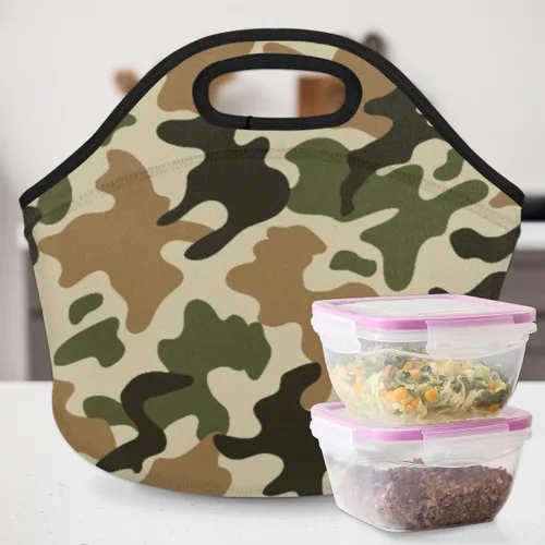 Miniatura 6 de Bolsas de almuerzo de neopreno con estampado de camuflaje para mujeres, bolsas de almuerzo, lavables, aisladas, para el trabajo, picnic, Camouflaje