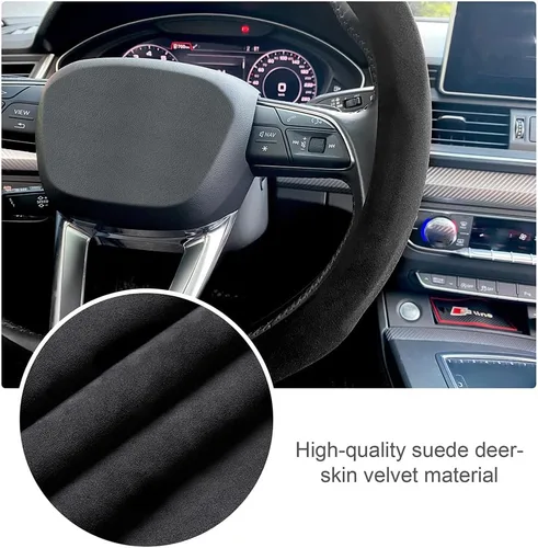 Miniatura 5 de Carodi Funda de gamuza para volante, de cuero antideslizante, ajuste interior de automóvil de 15 pulgadas, universal Negro (etiqueta azul)