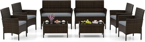 Miniatura 20 de HAPPYGRILL Juego de 4 muebles de mimbre para exteriores, juego de muebles de mimbre para patio con sillas de dos plazas y mesa de café de vidrio