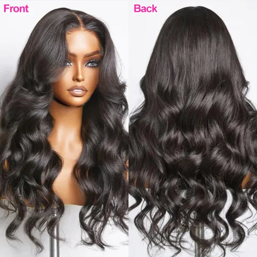 Miniatura 3 de LuAiJa Peluca de cabello humano ondulado con encaje frontal, cabello humano prearrancado, encaje frontal HD de 13 x 4, densidad 180, cabello de Negro