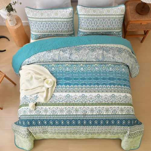 Miniatura 3 de WONGS BEDDING Juego de edredón bohemio tamaño Queen Aqua, juego de colcha de 3 piezas a rayas, de microfibra ligera y suave bohemia para todas