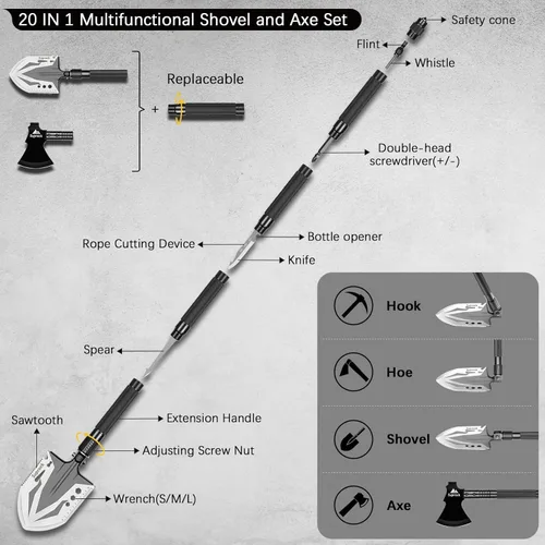 Miniatura 7 de Pala de supervivencia de acero de alto carbono, pala táctica plegable con hacha, herramienta de excavación para camping y senderismo, bolsa de Negro