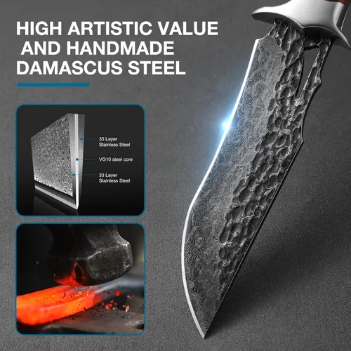 Miniatura 2 de DRACHENADER Cuchillo de caza de Damasco VG10 hecho a mano con 67 capas de acero de Damasco con funda de cuero real, hoja fija para hombres, mango