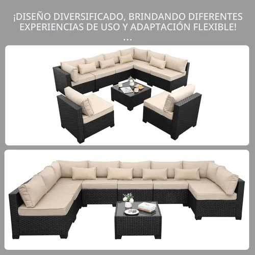 Miniatura 8 de Juego de 9 muebles seccionales de mimbre para exteriores para todo tipo de clima, mesa de patio seccional de vidrio, cojines antideslizantes y Caqui