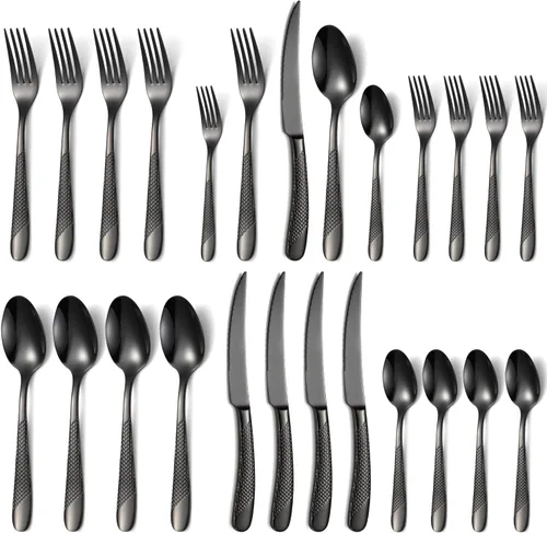 Juego de cubiertos negros de acero inoxidable de 20 piezas para 4, incluye cuchara tenedor, cuchillo y cubiertos de cocina, juego de cubiertos para