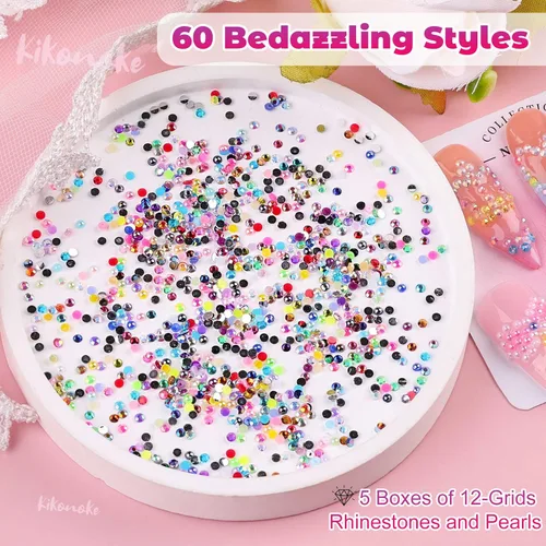 Miniatura 8 de 5 Cajas de Diamantes de Imitación para Uñas, Kit de Medias Perlas 3D, Diamantes de Imitación de Cristal de Gelatina Planas, Diseño de Diamantes