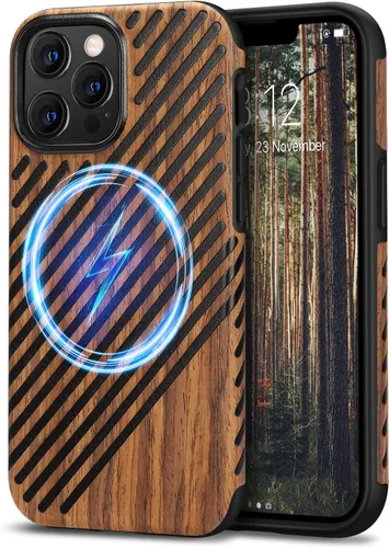 TENDLIN Funda magnética para iPhone 13 Pro - Funda híbrida de TPU de cuero de grano de madera con compatibilidad MagSafe