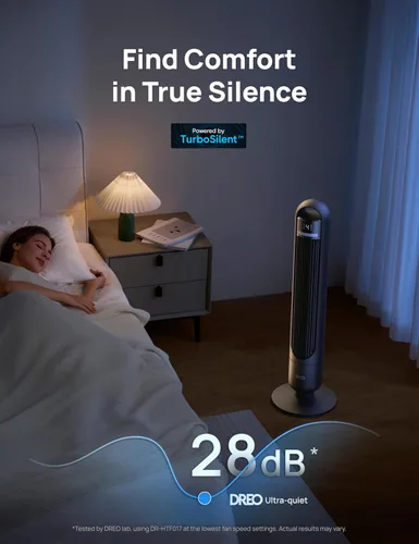 Miniatura 4 de Dreo - Ventilador de torre para dormitorio, ventiladores de pie oscilantes de 90° para habitación con 4 velocidades, 3 modos, silencioso de 28dB
