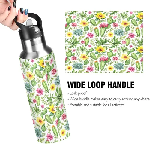 Miniatura 4 de Stainless Steel Vacuum Insulated Water Bottle 20 Oz, Leakproof Water Bottles for Gym Outdoor Travel School, Colorful Watercolor Cacti Succulent