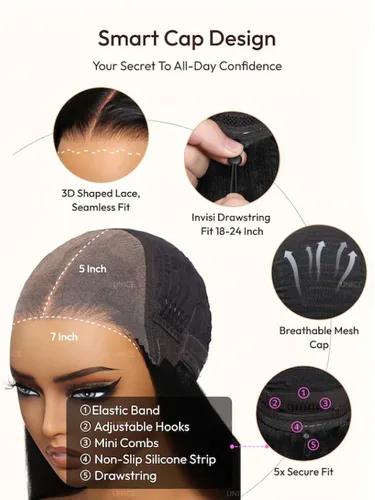 Miniatura 5 de UNICE Peluca de Cabello Humano Black Cherry Loose Wave Bye Bye Knots con Encaje Frontal de 7x5 con Cordón, con Flequillo Enmarcador del Rostro, Pre