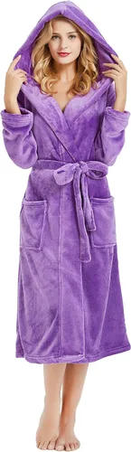 HEARTNICE Bata de forro polar con capucha para mujer, bata de baño suave para mujer, bonito abrigo largo para casa