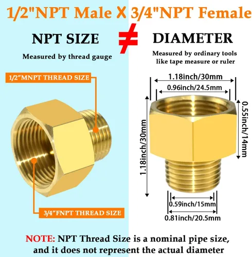 Miniatura 2 de Adaptador de montaje de tubería de latón 1/2 "NPT macho a 3/4 "NPT conector reductor hembra, 2 piezas