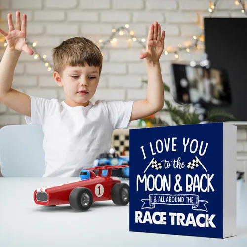 Miniatura 7 de Letrero de madera "I Love You To The Moon And Back And All Around The Race Track" para decoración de escritorio, letrero de caja con banderas a