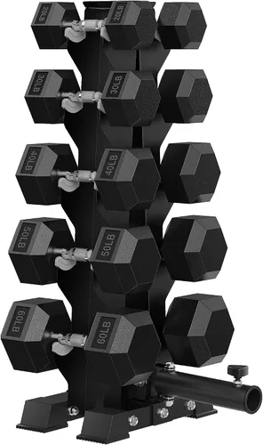 Miniatura 18 de HANDBODE Juego de mancuernas hexagonales recubiertas de goma con estante de marco en A, 100 libras - 600 libras, múltiples opciones