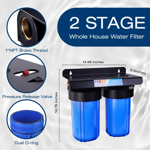 Miniatura 3 de H&G Lifestyles Sistema de filtración de agua de 2 etapas para toda la casa, filtro GAC KDF 58 y filtro de algodón PP, olor a cloro, eliminación