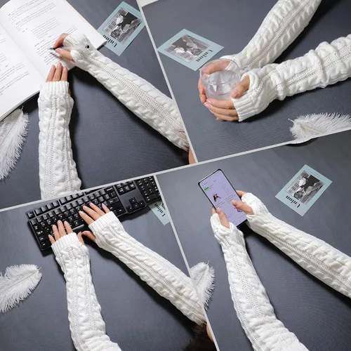 Miniatura 18 de Bellady Guantes de invierno para mujer, cálidos sobre el codo, guantes largos sin dedos con agujero para el pulgar, guantes de punto para calentar