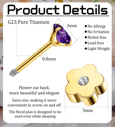 Miniatura 12 de Aretes de titanio G23 hechos a mano de 0.118 in, chapados en oro de 14 quilates, pequeños 5A+CZ, aretes de cartílago hipoalergénicos, aretes