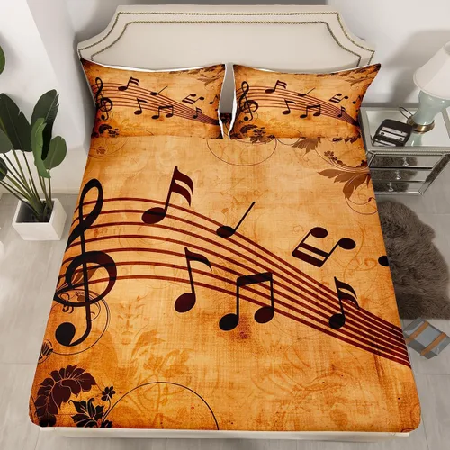 Manfei Sábana bajera ajustable musical tamaño individual, juego de ropa de cama con estampado de notas musicales retro para niños y niñas, Marrón y