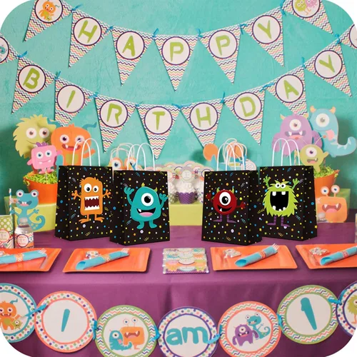 Miniatura 5 de Bolsas de regalo de fiesta temática de monstruos para suministros de fiesta de monstruos de color, bolsas de papel kraft para decoraciones de fiesta