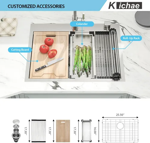 Miniatura 2 de Kichae Fregadero de Cocina de 28 Pulgadas para Empotrar - Estación de Trabajo de Fregadero Empotrado de 28x22 Pulgadas de Acero Inoxidable de Un