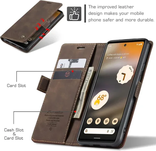 Miniatura 3 de Kowauri Funda para Google Pixel 6A, diseño clásico de piel con cierre magnético, con ranura para tarjetero, a prueba de golpes, funda protectora Café