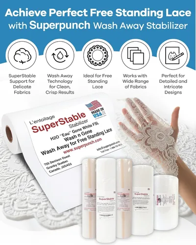 Miniatura 8 de Superpunch Estabilizador de lavado, SuperStable H2O Eau Gone White FSL rollo de 12 pulgadas x 10 yardas, estabilizador de bordado a máquina, lavado