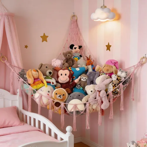 Miniatura 8 de Hamaca de almacenamiento de animales de peluche colgante rosa, organizador de red grande para cosas de animales, lindos muebles, organización
