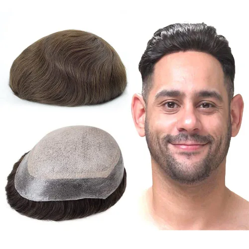 Miniatura 12 de Lordhair Sistema de cabello para hombres inyectado de piel fina cabello humano unido con encaje de diamante, 8 x 10 pulgadas, tamaño base, tupé #1A
