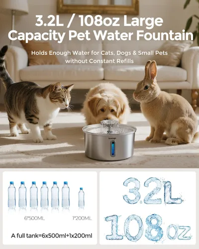 Miniatura 4 de Invengo Fuente de agua para gatos de acero inoxidable de 3.2L/108 onzas, fuente automática para mascotas para gatos y perros, bomba ultra silenciosa