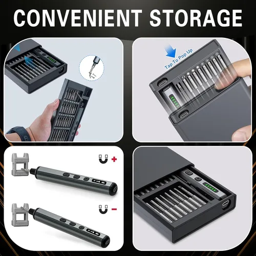 Miniatura 3 de Mini juego de destornilladores eléctricos, kit de destornilladores de precisión inalámbricos 68 en 1, 3.7 V recargable con 5 torque ajustables y 4