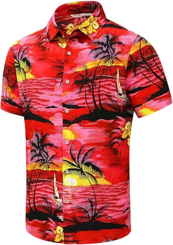 SheLucki - Camisa hawaiana para hombre, unisex, estilo informal, manga corta, con botones y estampado de sombra de palmeras, para el verano y la