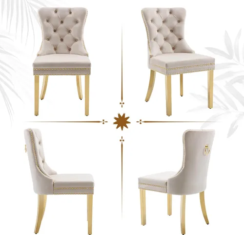 Miniatura 7 de civama Juego de 2 sillas de comedor de la colección Nikki de terciopelo, tapizadas, modernas, de lujo, copetudas, con ribete de clavos, anillo Beige