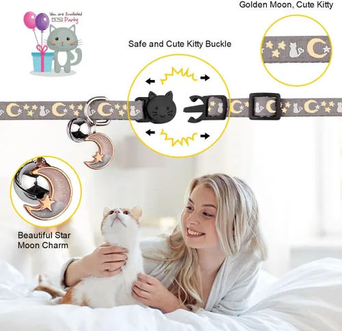 Miniatura 3 de Baeuppit 2 piezas de collares de gato separables con campana, lindos collares ajustables para gatitos que brillan en la oscuridad (Gris y Negro)