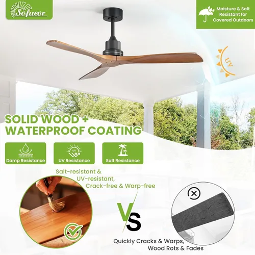 Miniatura 9 de Sofucor - Ventilador de techo de 52 pulgadas sin luces, moderno, de madera maciza, con control remoto, 5000 CFM de alto flujo de aire, motor CC