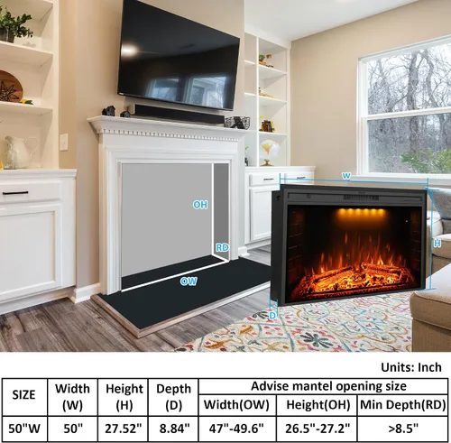 Miniatura 5 de Chimenea eléctrica de 50 pulgadas para pared, con control remoto, leña realista y sonido crepitante, protección contra sobrecalentamiento