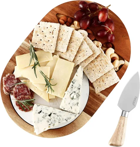 Miniatura 2 de hecef Juego de tablas de queso ovaladas de madera, tabla de servir queso de madera de acacia con mármol blanco y cuchillo de queso, bandeja