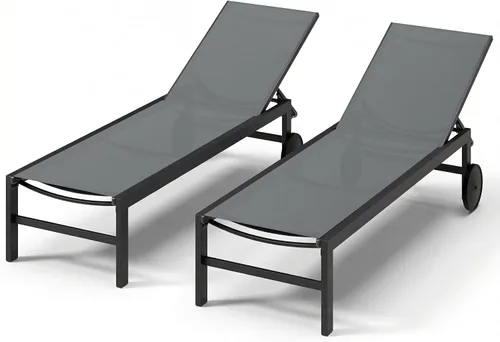 SUNLEI Juego de 2 tumbonas para patio al aire libre, sillas de piscina ajustables con ruedas, sillas de bronceado reclinables de aluminio para Gris