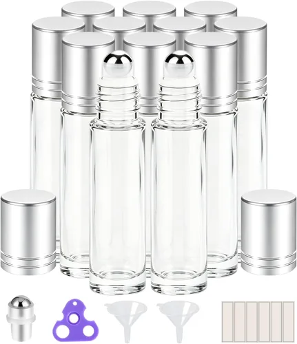 Miniatura 13 de PrettyCare Paquete de 12 aplicadores de bola rodante, botellas de rodillo de vidrio ámbar para aceite esencial con bola de rodillo de acero