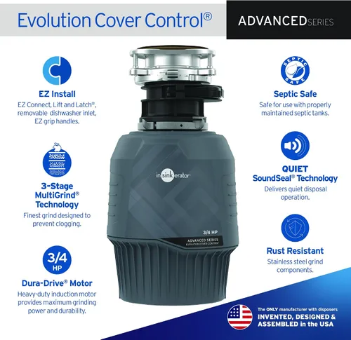 Miniatura 2 de InSinkErator Evolution Cover Control 3/4 HP Triturador de basura, Serie Avanzada EZ Connect Triturador de desperdicios de alimentos de alimentación